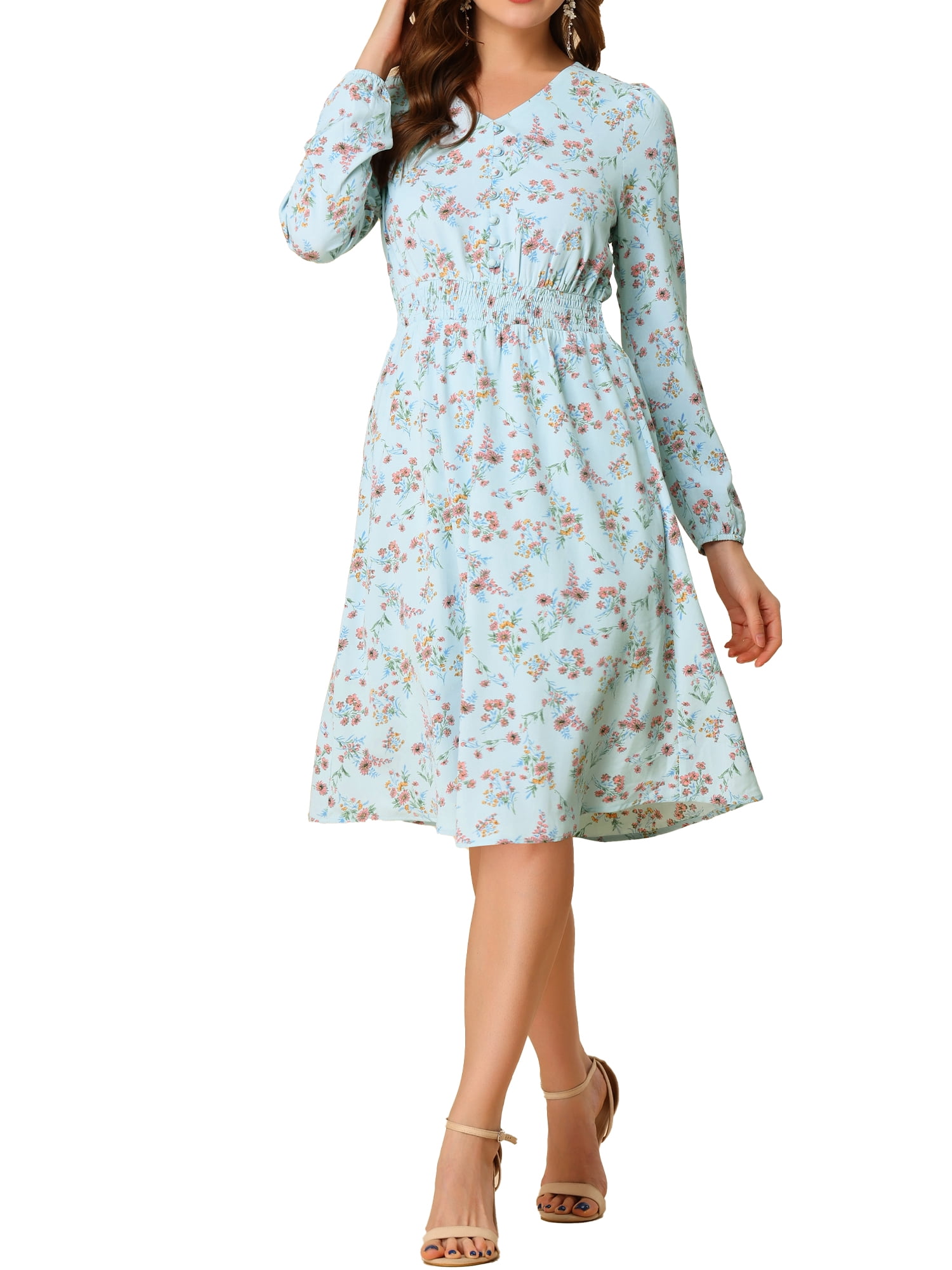 INSPIRE CHIC Women's Floral Print Swing Long Sleeve V-Neck Midi Dress ...