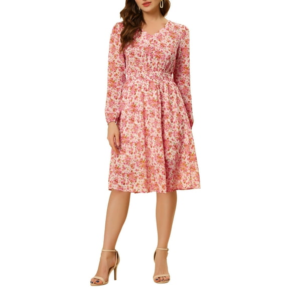 INSPIRE CHIC Women's Floral Print Swing Long Sleeve V-Neck Midi Dress