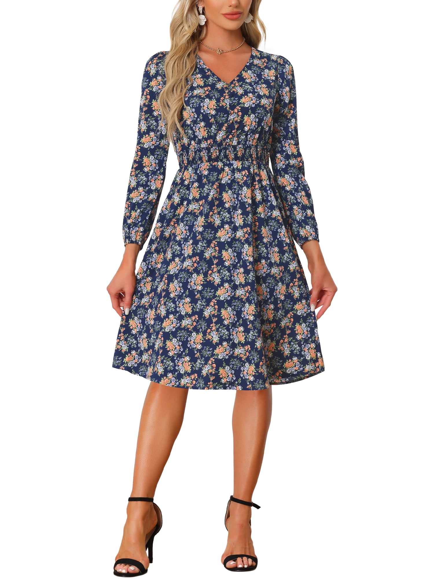 INSPIRE CHIC Women's Floral Print Swing Long Sleeve V-Neck Midi Dress ...