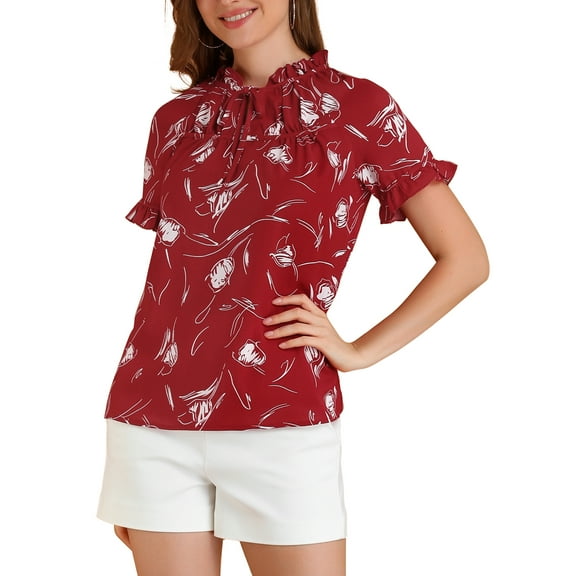 INSPIRE CHIC Women's Floral Print Tie Neck Short Sleeves Peasant Blouse L Red