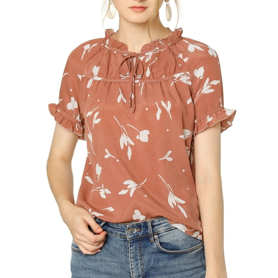 INSPIRE CHIC Women's Floral Print Tie Neck Short Sleeves Peasant Blouse M Coral