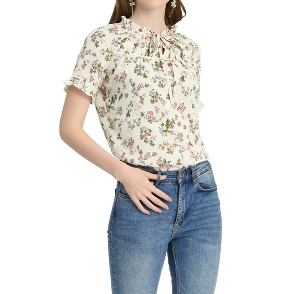 Allegra K Women's Floral Print Tie Neck Short Sleeves Peasant Blouse