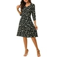thumbnail image 1 of Allegra K Women's Floral Print V Neck 3/4 Sleeves Casual A Line Midi Dress, 1 of 6