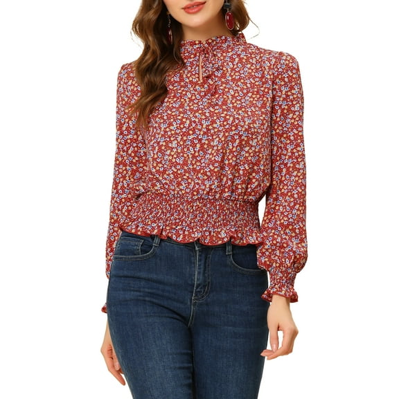 INSPIRE CHIC Women's Floral Print V Neck Lantern Sleeve Casual Blouse M Reds