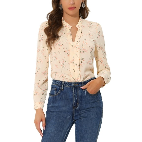 INSPIRE CHIC Women's Floral Print V Neck Office Long Sleeve Blouse