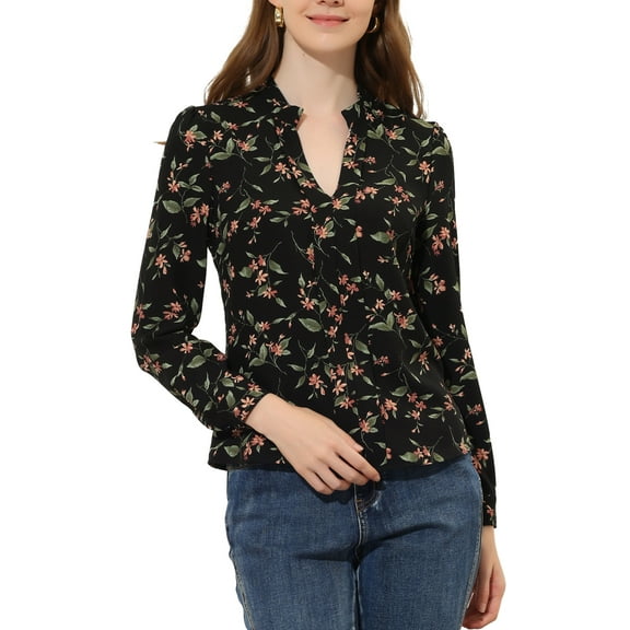 INSPIRE CHIC Women's Floral Print V Neck Office Long Sleeve Blouse
