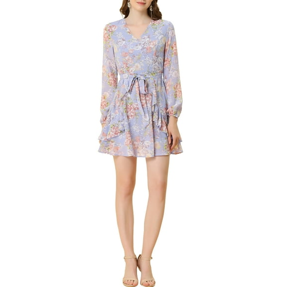 INSPIRE CHIC Women's Floral Print V Neck Ruffle Front Casual A-Line Dress S Lavender