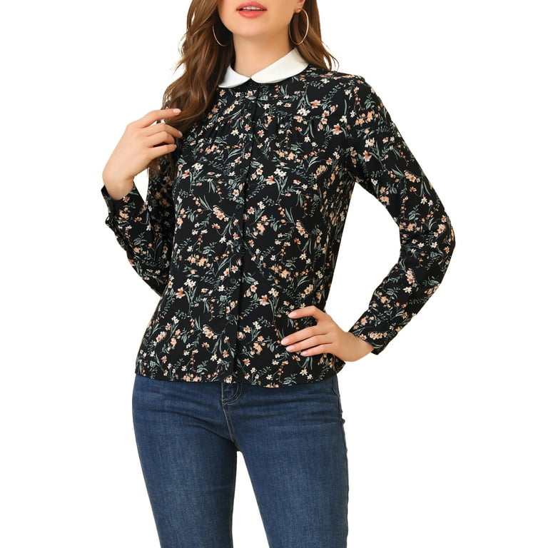Elegant Print Contrast Turndown Collar Tops Elegant Print Contrast Turndown Collar Tops