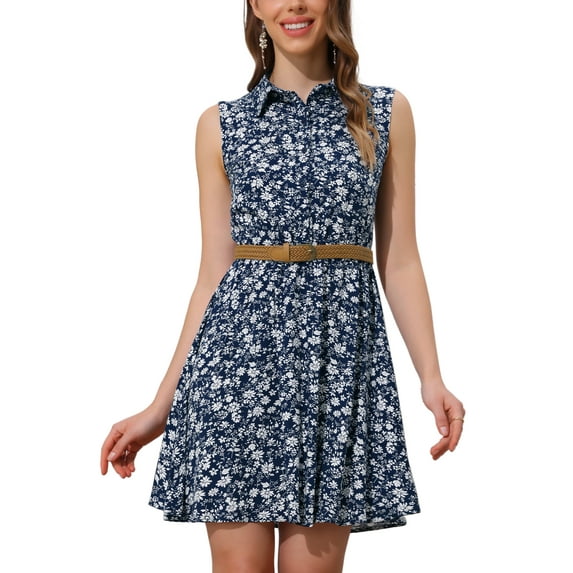 INSPIRE CHIC Women's Floral Printed Half Placket Knee Length Sleeveless Spring Belted Dress XS Blue