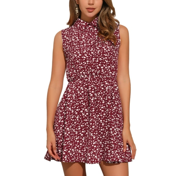INSPIRE CHIC Women's Floral Printed Half Placket Knee Length Sleeveless Spring Belted Dress XS Red
