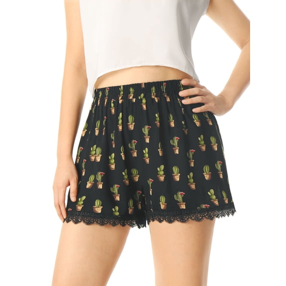 REFINED ATTIRE Women's Floral Printed Lace Trim Elastic Waist Shorts L Black-cactus Print