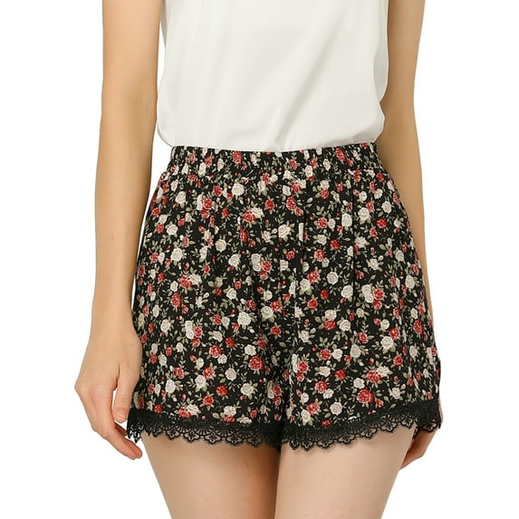 REFINED ATTIRE Women's Floral Printed Lace Trim Elastic Waist Shorts XS Black-Rose