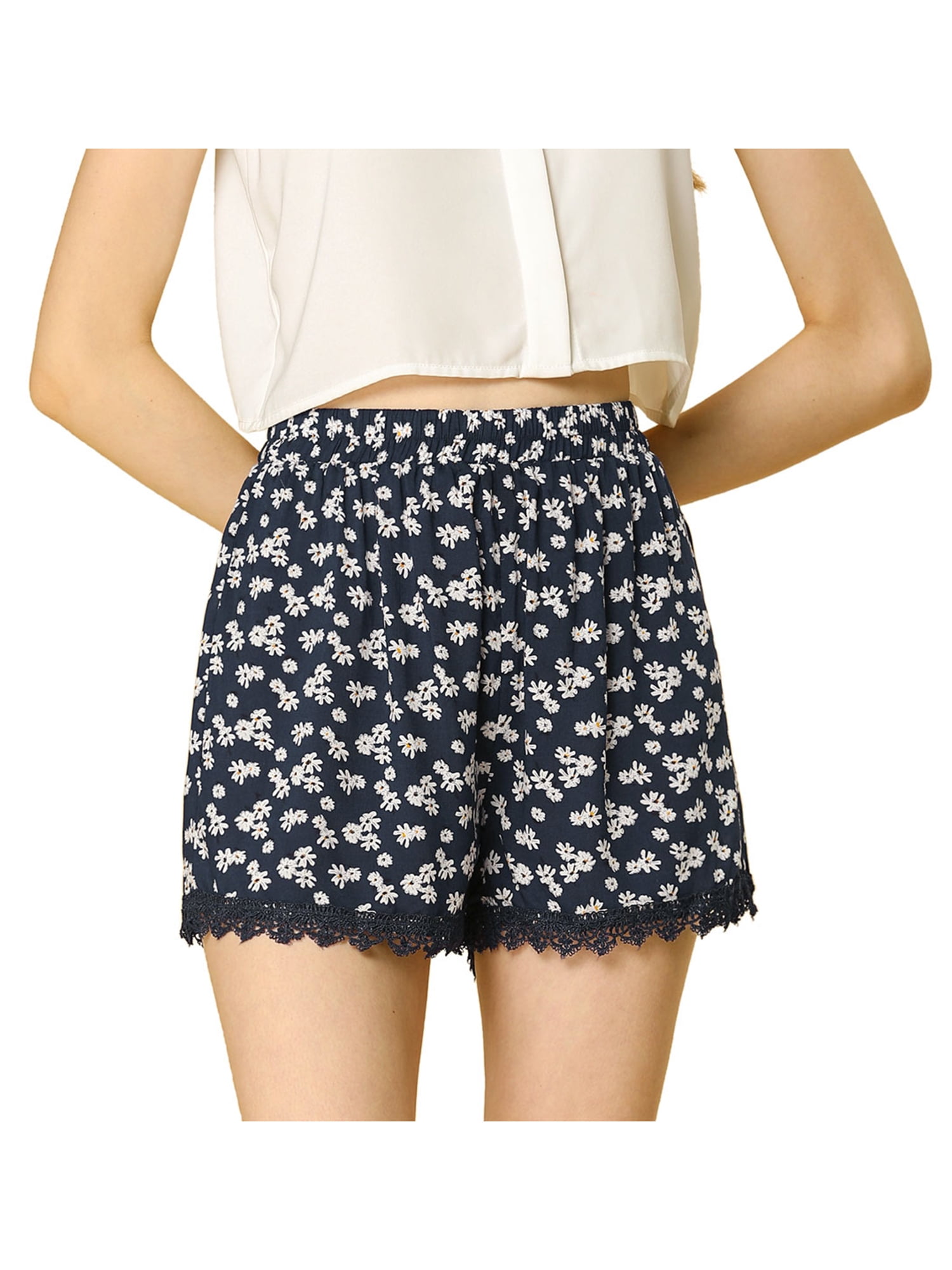 Allegra K Womens Floral Printed Lace Trim Elastic Waist Shorts