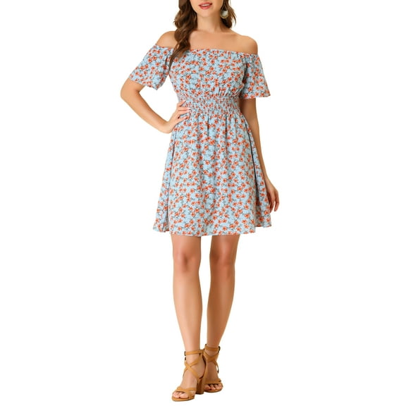 INSPIRE CHIC Women's Floral Printed Off Shoulder A-Line Smocked Dress Light Blue XS