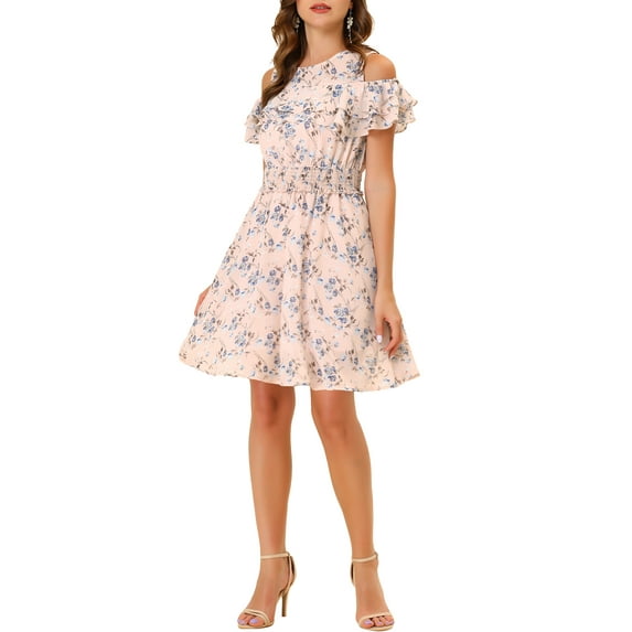 INSPIRE CHIC Women's Floral Printed Smocked Waist Ruffle Cold Shoulder Dress M Pink