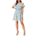 thumbnail image 1 of INSPIRE CHIC Women's Floral Printed Smocked Waist Ruffle Cold Shoulder Dress S Light Blue, 1 of 6