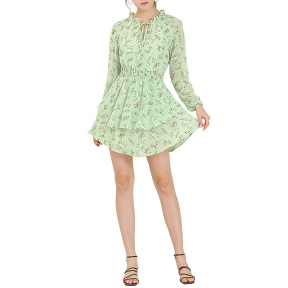 INSPIRE CHIC Women's Floral Printed Smocked Waist V Neck Long Sleeve Chiffon Dresses S Green