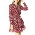 thumbnail image 1 of INSPIRE CHIC Women's Floral Printed Smocked Waist V Neck Long Sleeve Chiffon Dresses S Wine Red, 1 of 7