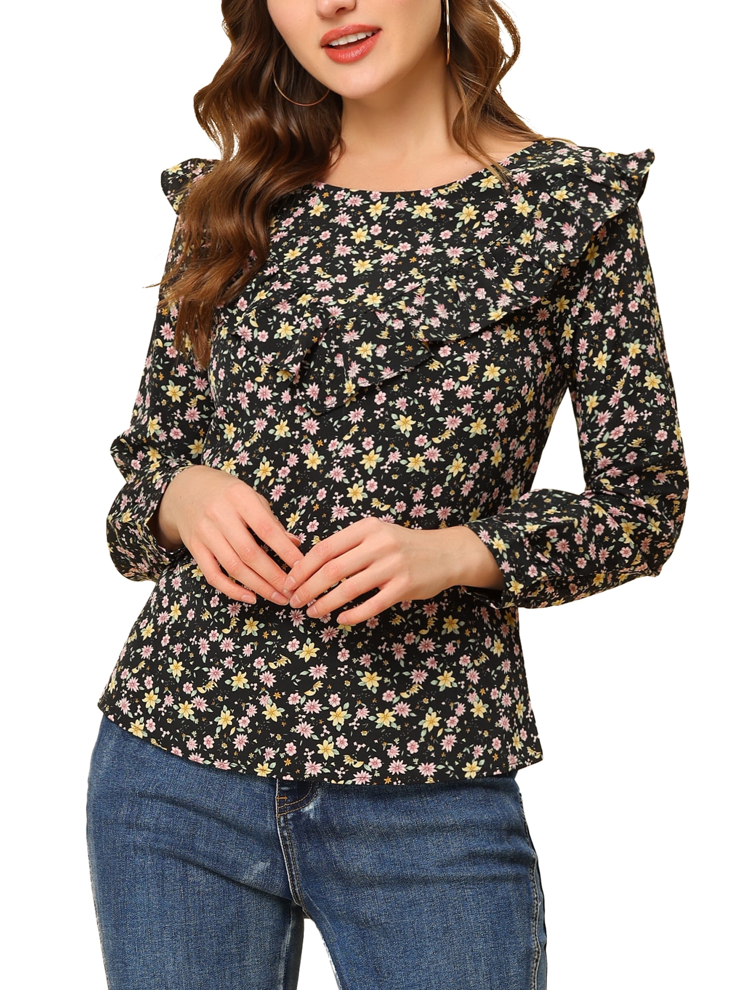 Round Neck With Ruffles INSPIRE CHIC Women's Floral Printed Top Long Sleeve Round Neck Ruffle ...