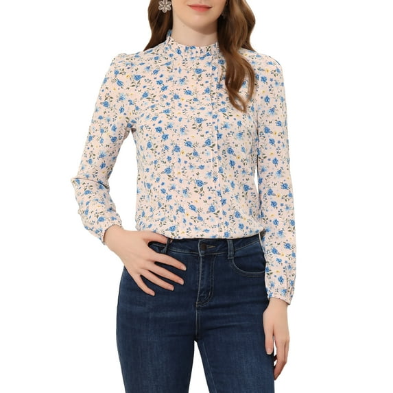 INSPIRE CHIC Women's Floral Puff Long Sleeve Ruffle Collar Pearl Decor Blouse M Light Pink