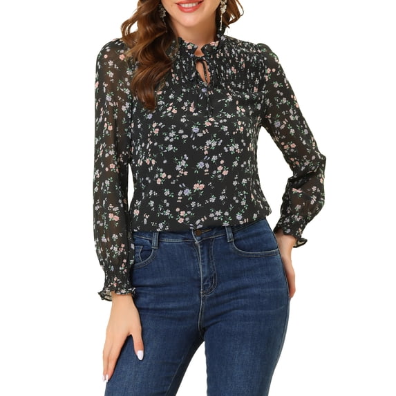 INSPIRE CHIC Women's Floral Puff Long Sleeve Ruffle Tie Neck Chiffon Blouse