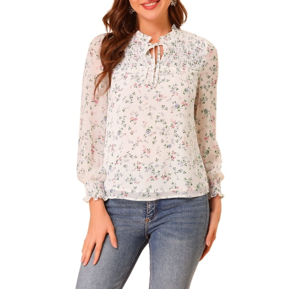 Allegra K Women's Floral Puff Long Sleeve Ruffle Tie Neck Chiffon Blouse