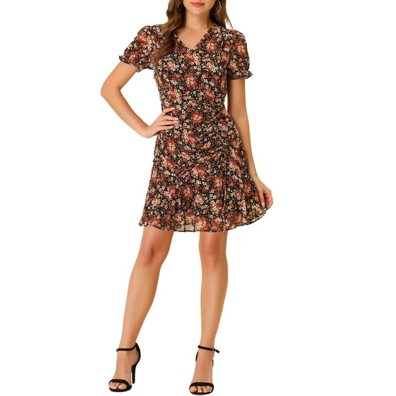 INSPIRE CHIC Women's Floral Puff Sleeve V Neck Drawstring Ruched Ruffle Dress Black S
