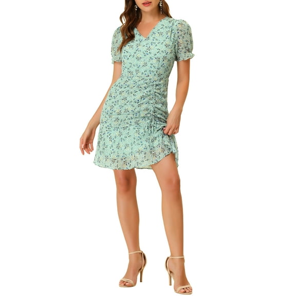 INSPIRE CHIC Women's Floral Puff Sleeve V Neck Drawstring Ruched Ruffle Dress Green XL