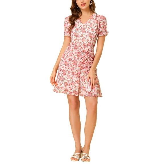 INSPIRE CHIC Women's Floral Puff Sleeve V Neck Drawstring Ruched Ruffle Dress Pink S