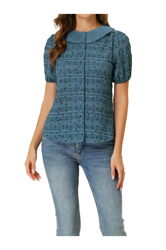 Women's Floral Puff Sleeves Pleated Collar Button Down Shirt S Grey Blue