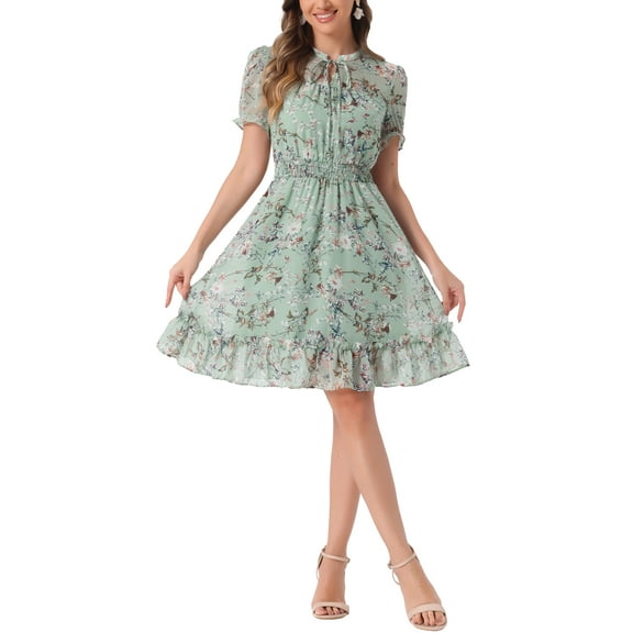 INSPIRE CHIC Women's Floral Ruffle Hem Short Sleeve A-Line Smocked Chiffon Dress XL Light Green