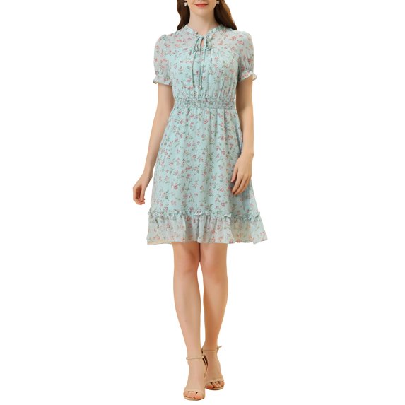 Allegra K Women's Floral Ruffle Hem Short Sleeve A-Line Smocked Chiffon Dress