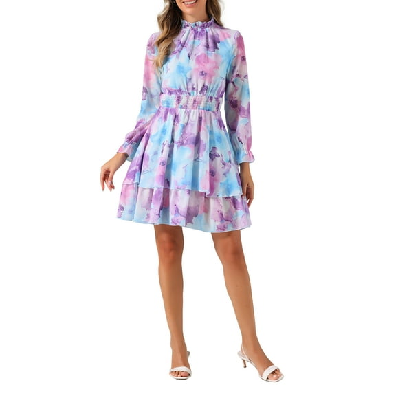 INSPIRE CHIC Women's Floral Ruffle Trim Long Sleeve Smocked Neck Layered Mini Dresses L Blues