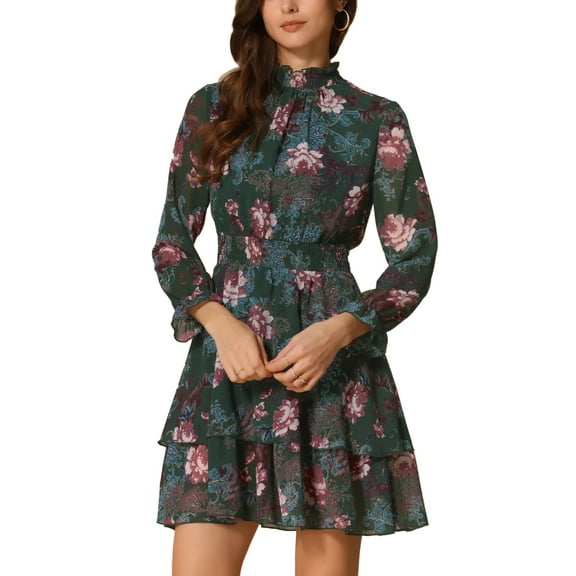 INSPIRE CHIC Women's Floral Ruffle Trim Long Sleeve Smocked Neck Layered Mini Dresses L Dark Green