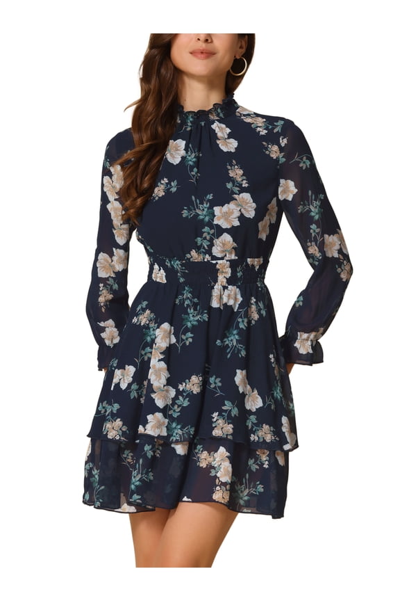 Women's Floral Long Sleeve Mini Dress Smocked Neck Ruffle Trim Chiffon Casual Dress Deep Blue L