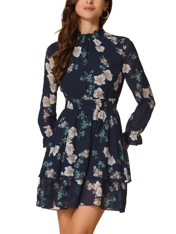 Women's Floral Long Sleeve Mini Dress Smocked Neck Ruffle Trim Chiffon Casual Dress Deep Blue L