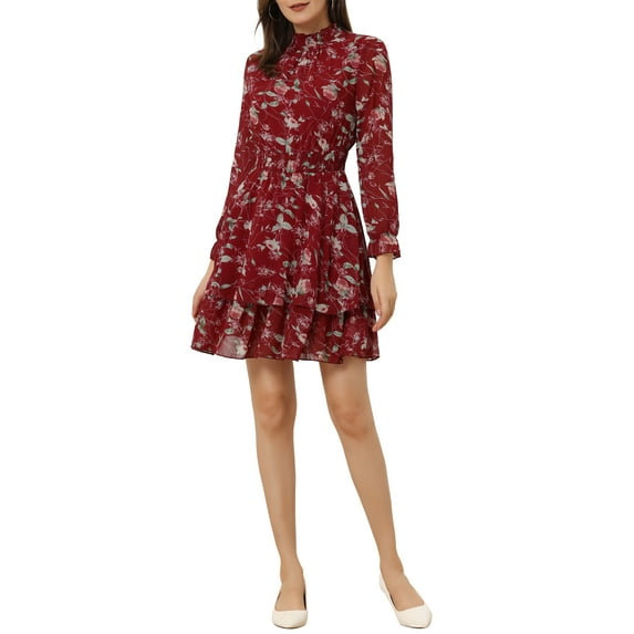 INSPIRE CHIC Women's Floral Ruffle Trim Long Sleeve Smocked Neck Layered Mini Dresses L Red