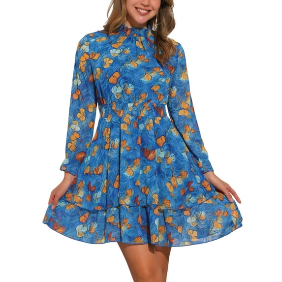 INSPIRE CHIC Women's Floral Ruffle Trim Long Sleeve Smocked Neck Layered Mini Dresses M 1