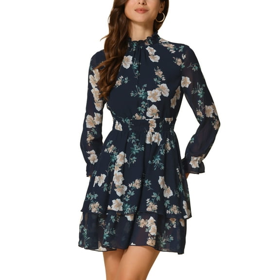INSPIRE CHIC Women's Floral Ruffle Trim Long Sleeve Smocked Neck Layered Mini Dresses S Deep Blue