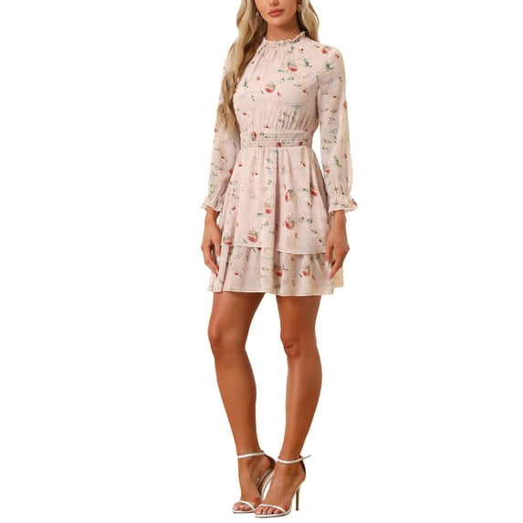 INSPIRE CHIC Women's Floral Ruffle Trim Long Sleeve Smocked Neck Layered Mini Dresses S Pink