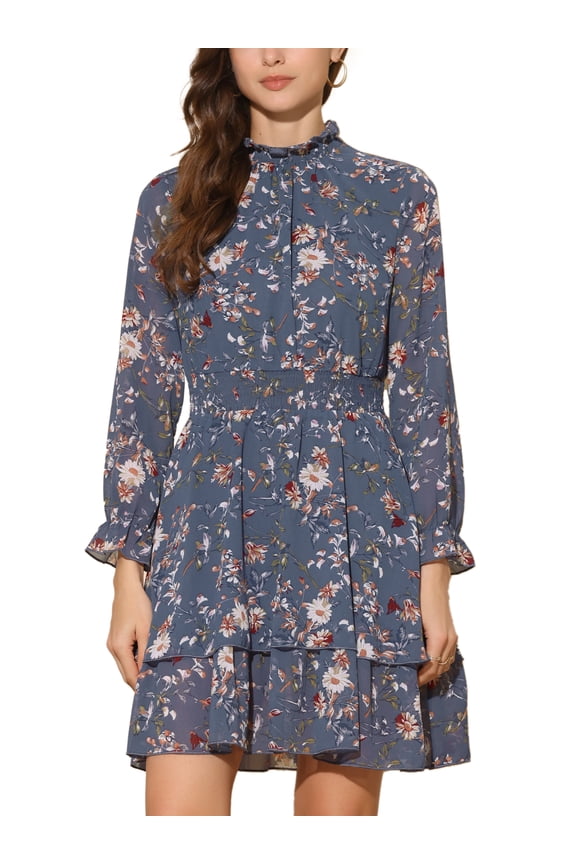 Women's Floral Ruffle Trim Long Sleeve Smocked Neck Layered Mini Dresses XL Grey Blue