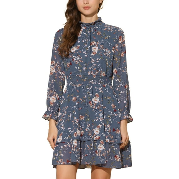 INSPIRE CHIC Women's Floral Ruffle Trim Long Sleeve Smocked Neck Layered Mini Dresses XS Grey Blue
