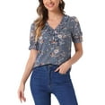 thumbnail image 1 of Allegra K Women's Floral Ruffle V Neck Puff Short Sleeves Blouse Top L Grey Blue, 1 of 6