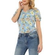 INSPIRE CHIC Women's Floral Ruffle V Neck Puff Short Sleeves Blouse Top