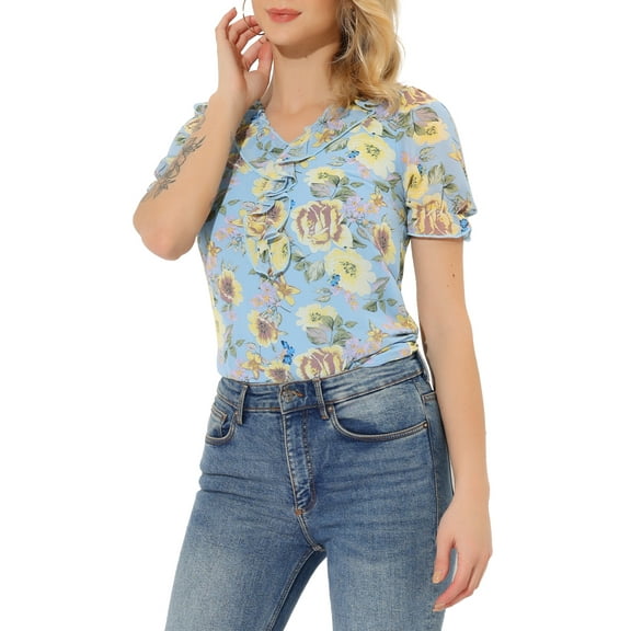 INSPIRE CHIC Women's Floral Ruffle V Neck Puff Short Sleeves Blouse Top