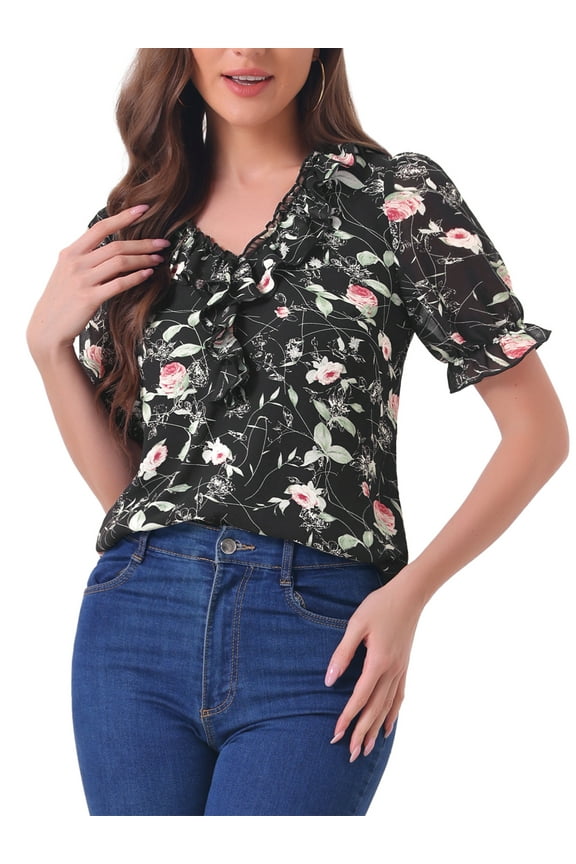 Women's Floral Ruffle V Neck Puff Short Sleeves Blouse Top Black Red L