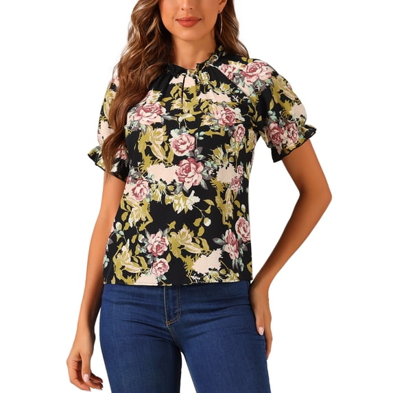 INSPIRE CHIC Women's Blouse Floral Ruffled Short Sleeve Ruffle Neck Casual Blouses M Black Red