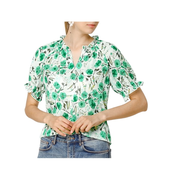 INSPIRE CHIC Women's Blouse Floral Ruffled Short Sleeve Ruffle Neck Casual Blouses S Green