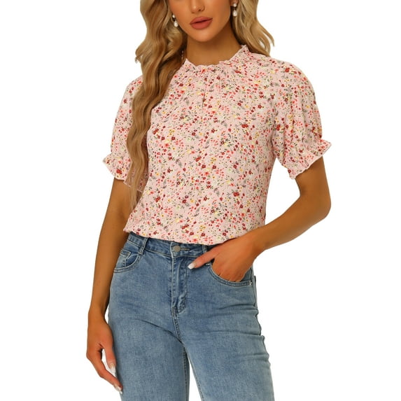 INSPIRE CHIC Women's Blouse Floral Ruffled Short Sleeve Ruffle Neck Casual Blouses S Light Pink