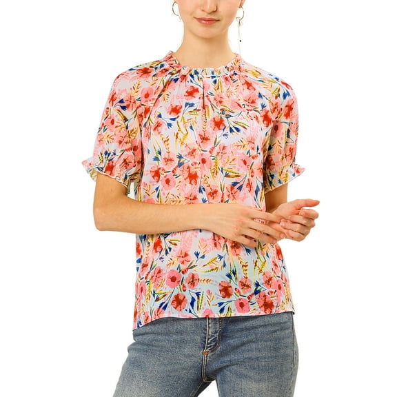 INSPIRE CHIC Women's Blouse Floral Ruffled Short Sleeve Ruffle Neck Casual Blouses S White